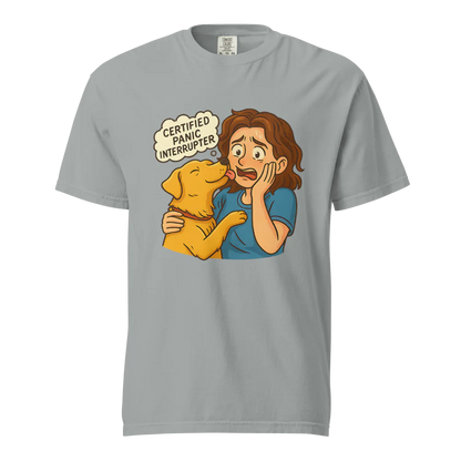 Interruptor de pánico certificado – Perro de apoyo | Camiseta unisex de tejido grueso | 100 % algodón