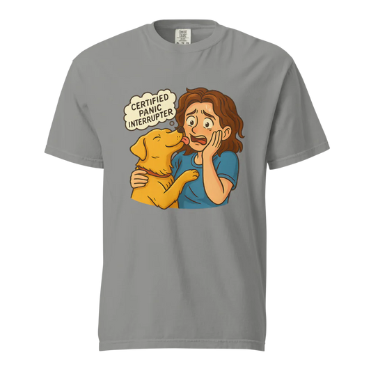 Interruptor de pánico certificado – Perro de apoyo | Camiseta unisex de tejido grueso | 100 % algodón